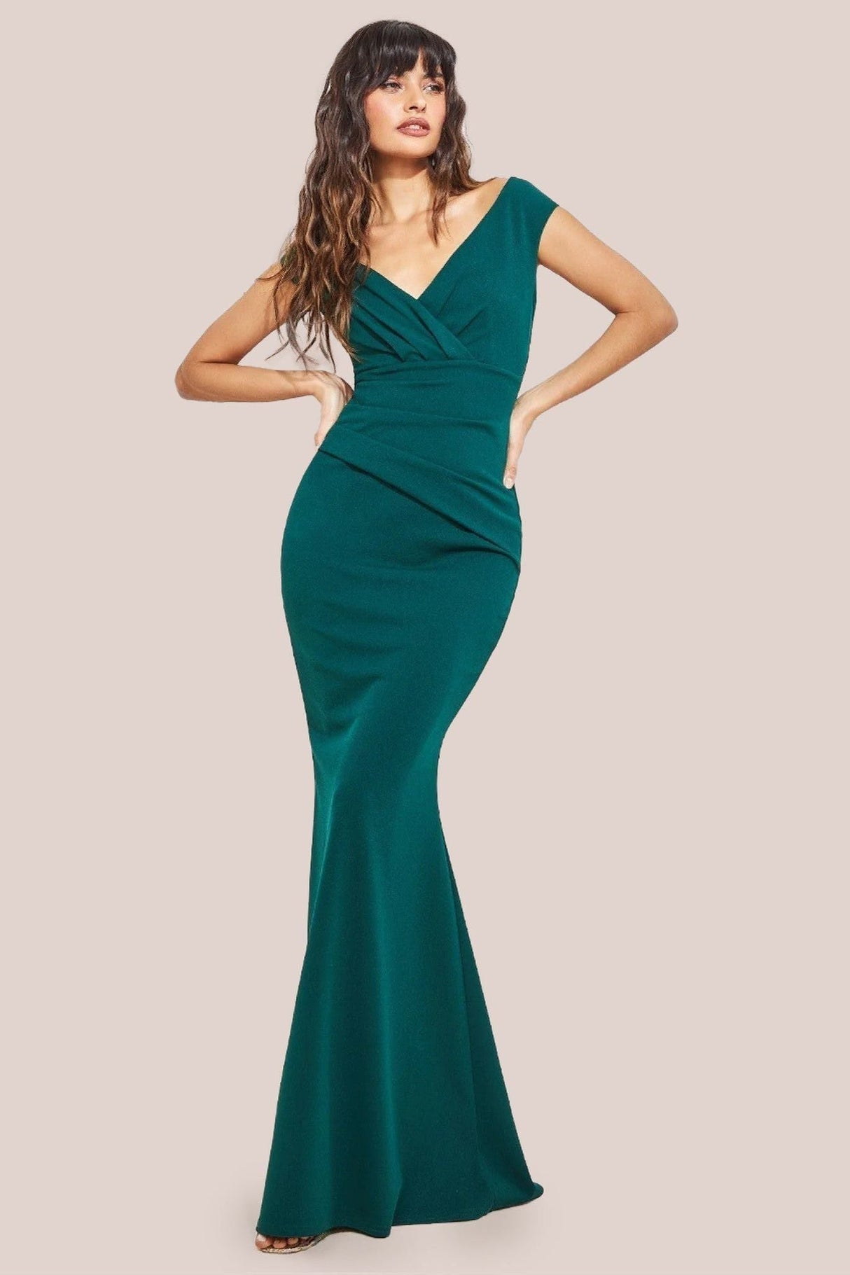 Bardot Pleated Maxi Dress - Emerald Green by Goddiva