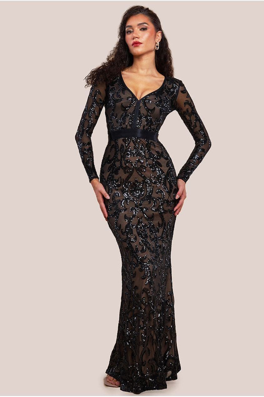 Embroidered Sequin & Mesh Maxi Dress - Black by Goddiva
