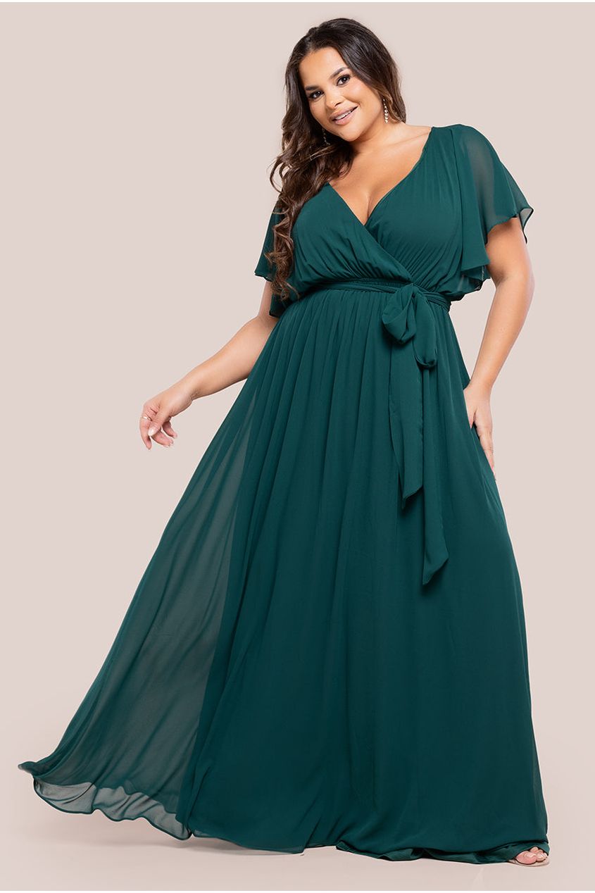 Flutter Sleeve Wrap Maxi Dress - Emerald Green by Goddiva Plus