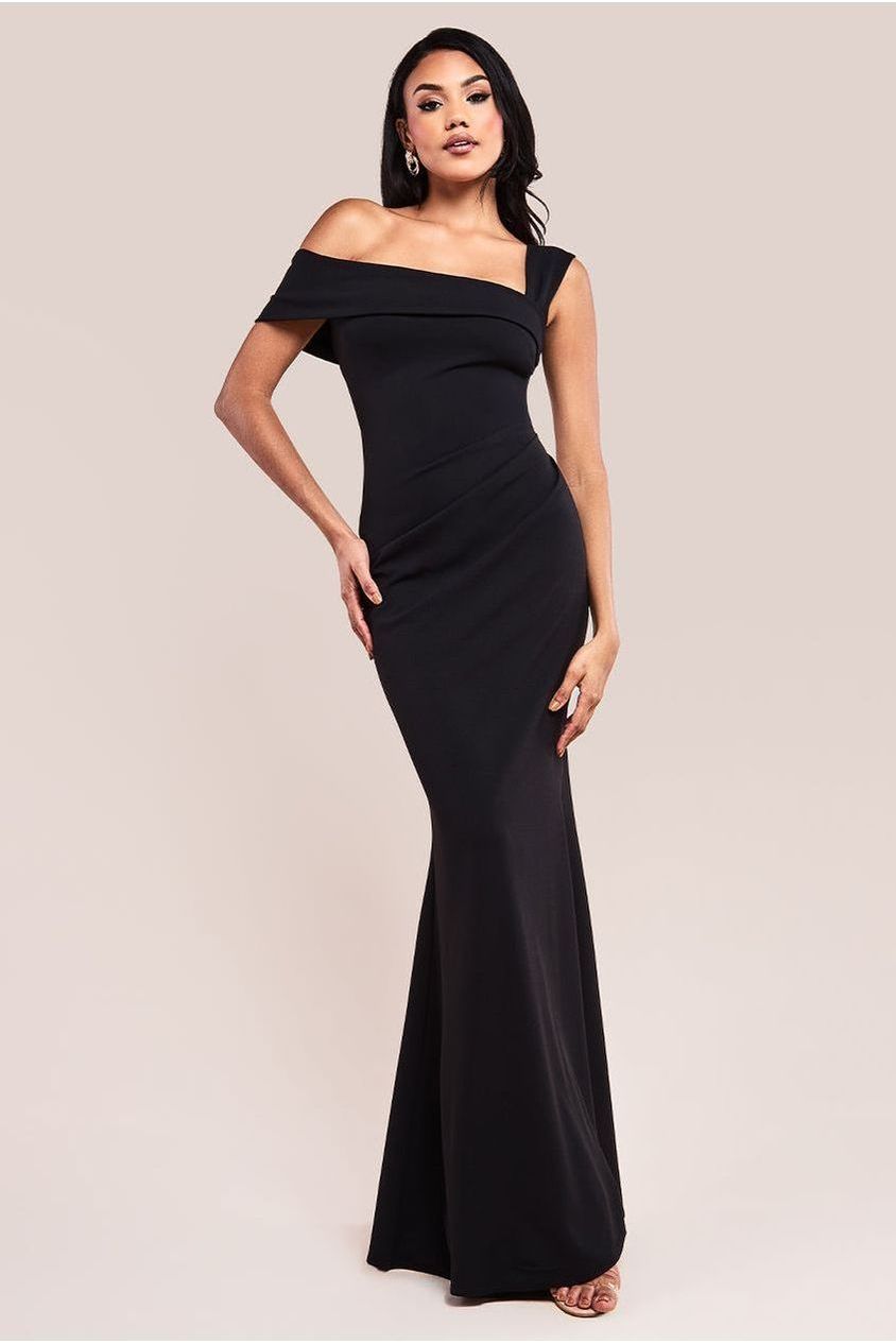 Off The Shoulder Pleated Waist Maxi Dress - Black by Goddiva