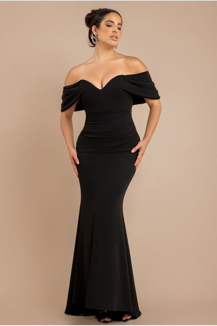Off The Shoulder Draped Sleeve Maxi Dress - Black by Goddiva