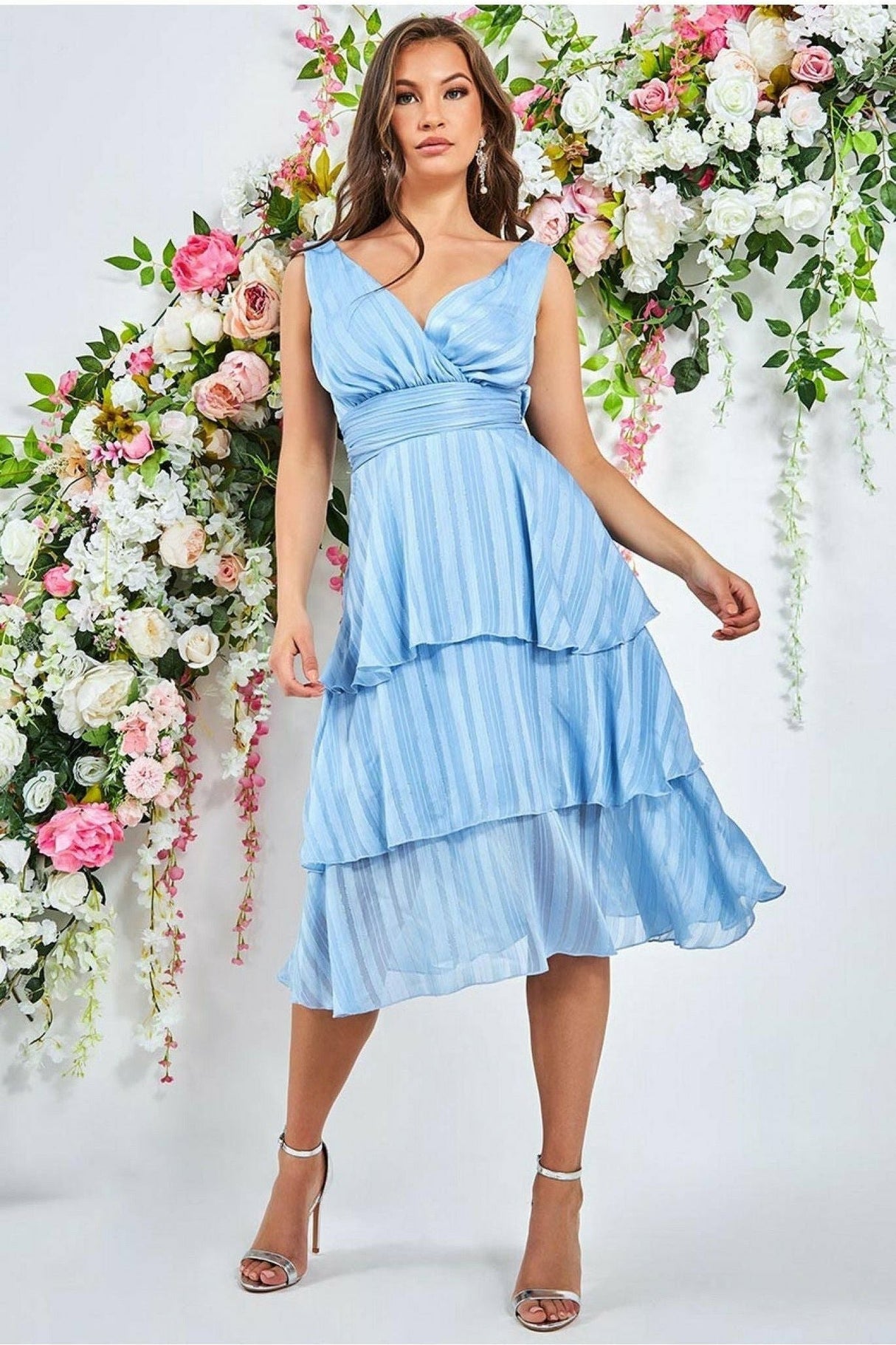 Tiered Chiffon Midi Dress - Powder Blue by Goddiva